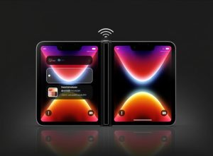 Ilustrasi fitur-fitur kamera canggih pada iPhone Fold, seperti mode pengambilan gambar unik dengan dua layar dan integrasi LiDAR scanner.