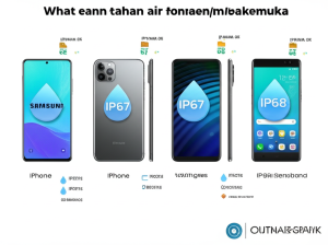 Ilustrasi grafis yang membandingkan fitur tahan air dari berbagai merek smartphone terkemuka.