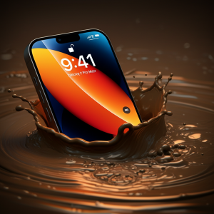 Ilustrasi iPhone 17 Pro Max terendam lumpur dengan efek dramatis, namun layar tetap menyala.