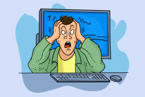 Ilustrasi komputer desktop dengan layar biru (Blue Screen of Death) dan ekspresi panik di wajah pengguna.