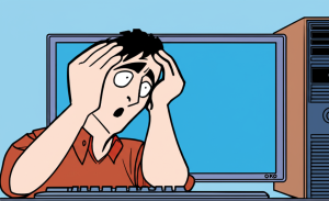 Ilustrasi komputer desktop dengan layar biru (Blue Screen of Death) dan ekspresi panik di wajah pengguna.