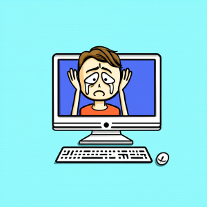 Ilustrasi komputer desktop dengan layar biru (Blue Screen of Death) dan ekspresi panik di wajah pengguna.