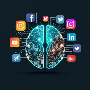 Ilustrasi konsep AI dalam digital marketing, menampilkan otak digital dengan ikon-ikon media sosial dan grafik pertumbuhan.