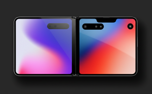 Ilustrasi konsep iPhone Fold dengan kamera bawah layar, menampilkan desain premium dan layar yang luas.