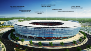 Ilustrasi konsep stadion pintar yang dilengkapi dengan teknologi AI Lenovo, dengan kamera pengawas, sensor lalu lintas, dan sistem manajemen energi yang terintegrasi.