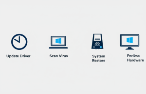 Ilustrasi langkah-langkah troubleshooting Blue Screen: Update Driver, Scan Virus, System Restore, Periksa Hardware.