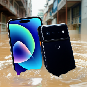 Ilustrasi perbandingan ketahanan iPhone 17 Pro Max dan Pixel 8 dalam kondisi banjir.