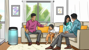 Ilustrasi sebuah keluarga bahagia sedang menikmati udara segar di ruang tamu yang dilengkapi dengan Acerpure Cool C3.