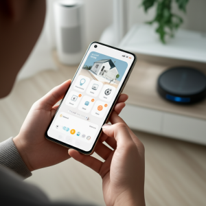 Ilustrasi seorang pengguna yang sedang mengontrol perangkat rumah pintar Xiaomi melalui smartphone dengan antarmuka HyperOS 3.