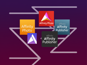Kolase yang menampilkan ikon dari Affinity Photo, Affinity Designer, dan Affinity Publisher, disusun sedemikian rupa untuk menunjukkan integrasi antar aplikasi.
