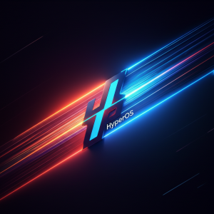 Logo HyperOS dengan latar belakang abstrak yang futuristik.