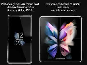 Perbandingan desain iPhone Fold dengan Samsung Galaxy Z Fold, menyoroti perbedaan pada engsel, rasio aspek layar, dan tata letak kamera.