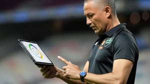 Seorang pelatih sepak bola menggunakan tablet Lenovo untuk menganalisis data performa pemain secara real-time, dengan grafik dan statistik yang ditampilkan di layar.