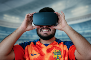 Seorang penggemar sepak bola menggunakan headset VR Lenovo untuk merasakan pengalaman menonton pertandingan Piala Dunia seolah-olah berada di stadion.