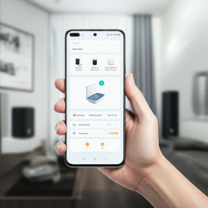 Seorang pengguna sedang mengontrol perangkat rumah pintar Xiaomi melalui antarmuka HyperOS 3 di smartphone.