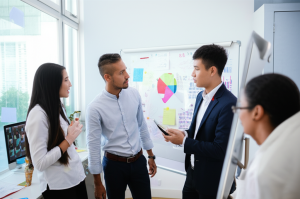 Seorang pengusaha sedang berdiskusi dengan tim digital marketing di sebuah ruang kantor modern, menunjukkan kolaborasi dan inovasi.