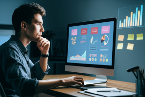 Seorang profesional digital marketing sedang menganalisis data kampanye di layar komputer dengan grafik dan diagram yang kompleks.
