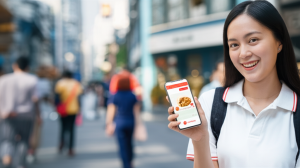 Seorang turis wanita tersenyum sambil membayar makanan di sebuah restoran di luar negeri menggunakan ShopeePay. Latar belakang menunjukkan suasana kota yang ramai.