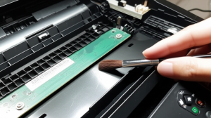 Seseorang sedang membersihkan bagian dalam printer Epson dengan hati-hati.