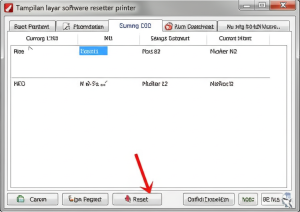 Tampilan layar software resetter printer Canon dengan tombol reset yang disorot.