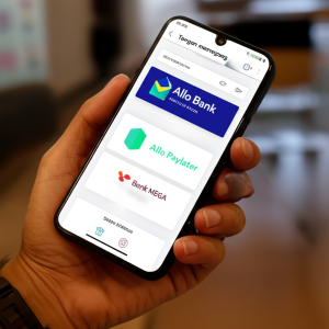 Tangan memegang smartphone dengan aplikasi Allo Bank terbuka, menunjukkan opsi pembayaran Allo Paylater dan logo Bank Mega.