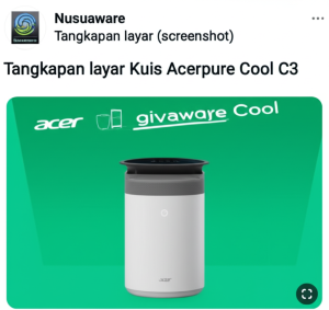 Tangkapan layar (screenshot) dari akun Instagram Nusaware yang menampilkan informasi tentang kuis atau giveaway Acerpure Cool C3.