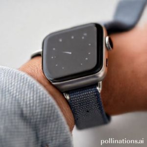 Close-up Apple Watch Series 11 dengan strap milanese loop, menampilkan antarmuka WatchOS 26 dengan notifikasi pintar.