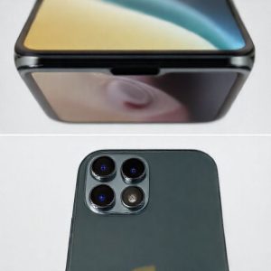 Close-up teknologi kamera di bawah layar (under-display camera) pada iPhone 20, menunjukkan bagaimana kamera tersembunyi di balik layar.