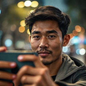 Ilustrasi close-up seseorang sedang mengambil selfie menggunakan iPhone 17 dengan efek bokeh yang dramatis di latar belakang. Wajah orang tersebut terlihat jelas dan fokus, sementara latar belakangnya buram dan artistik.