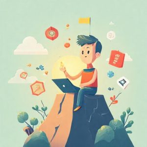 Ilustrasi grafik yang menunjukkan pertumbuhan bisnis yang pesat, dengan panah yang mengarah ke atas dan simbol-simbol digital di sekitarnya.