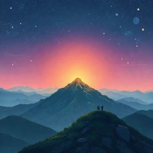 Ilustrasi iPhone yang terhubung ke satelit di tengah pegunungan dengan sinyal yang kuat.