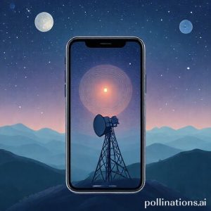 Ilustrasi iPhone yang terhubung langsung ke satelit di angkasa, menampilkan ikon sinyal satelit di layar.