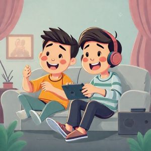 Ilustrasi kartun yang menggambarkan orang-orang sedang bersenang-senang streaming film, bermain game online, dan video call dengan menggunakan modem Indosat HiFi Air.