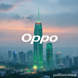 Ilustrasi logo Oppo dengan latar belakang gedung-gedung pencakar langit di Shenzhen, China, untuk menekankan asal-usul perusahaan dan pertumbuhannya.