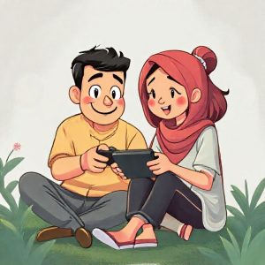Ilustrasi orang tua yang sedang berdiskusi dengan anak tentang penggunaan game online yang sehat.