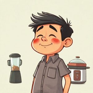 Ilustrasi orang yang sedang berpantun dengan ekspresi ceria, di latar belakang terlihat siluet Blender Sharp, Coffee Maker, dan Rice Cooker.