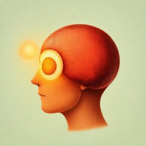 Ilustrasi otak manusia dengan telur di dekatnya, menunjukkan manfaat telur untuk kesehatan otak.