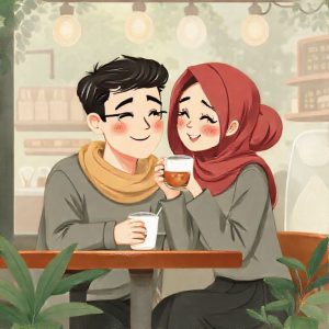 Ilustrasi pasangan yang sedang berkencan di sebuah kedai kopi, menunjukkan suasana yang santai dan menyenangkan.