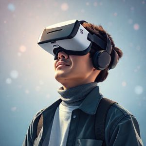 Ilustrasi pengguna yang menggunakan VR headset, merasakan pengalaman imersif di dunia virtual.