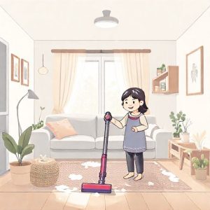 Ilustrasi rumah yang bersih dan bebas debu setelah dibersihkan dengan Dyson PencilVac, dengan keluarga yang tersenyum bahagia.