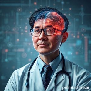 Ilustrasi seorang dokter yang menggunakan teknologi AI untuk menganalisis hasil pemindaian otak pasien Alzheimer.