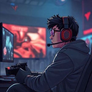 Ilustrasi seorang gamer sedang bermain game di Redmagic 11 Pro dengan tampilan antarmuka Redmagic OS yang intuitif.