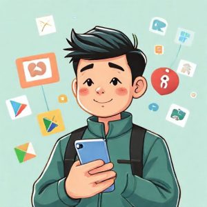 Ilustrasi seorang pengguna Android yang sedang memilih aplikasi dari berbagai sumber, baik dari Google Play Store maupun sumber lainnya, dengan fokus pada ikon keamanan dan privasi.