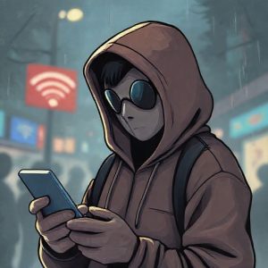 Ilustrasi seorang peretas dengan hoodie sedang mencoba mencuri data dari pengguna yang terhubung ke WiFi publik.