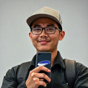 Ilustrasi seseorang memegang Galaxy A56 dengan logo Samsung Wallet di layar.