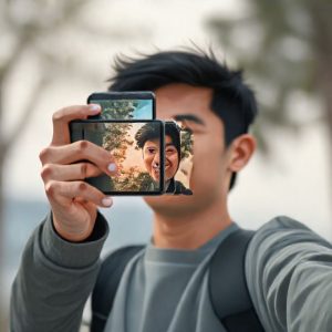 Ilustrasi seseorang sedang merekam video selfie menggunakan iPhone 17 dalam mode cinematic. Menampilkan efek stabilisasi video yang mulus dan transisi fokus yang dinamis.