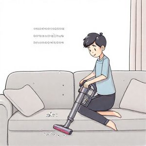 Ilustrasi seseorang yang sedang menggunakan Dyson PencilVac untuk membersihkan debu di sela-sela sofa, dengan fokus pada desain ringkas dan portabel dari vacuum cleaner tersebut.