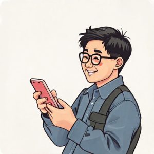 Ilustrasi seseorang yang sedang tersenyum sambil melihat profil di aplikasi kencan Hinge di smartphone mereka.