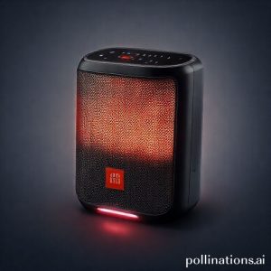 Ilustrasi speaker JBL BandBox AI dengan desain modern dan futuristik, menampilkan interface sentuh dan lampu indikator LED.