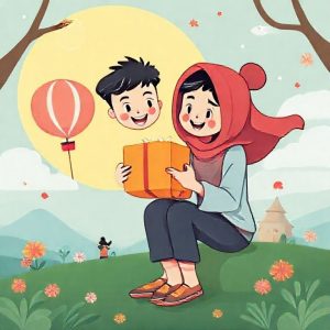 Ilustrasi suasana giveaway Nusaware yang meriah dan penuh warna, dengan banyak orang berpartisipasi dan mengirimkan pantun-pantun kreatif. Honor Pad X7 terlihat sebagai hadiah utama yang diperebutkan.